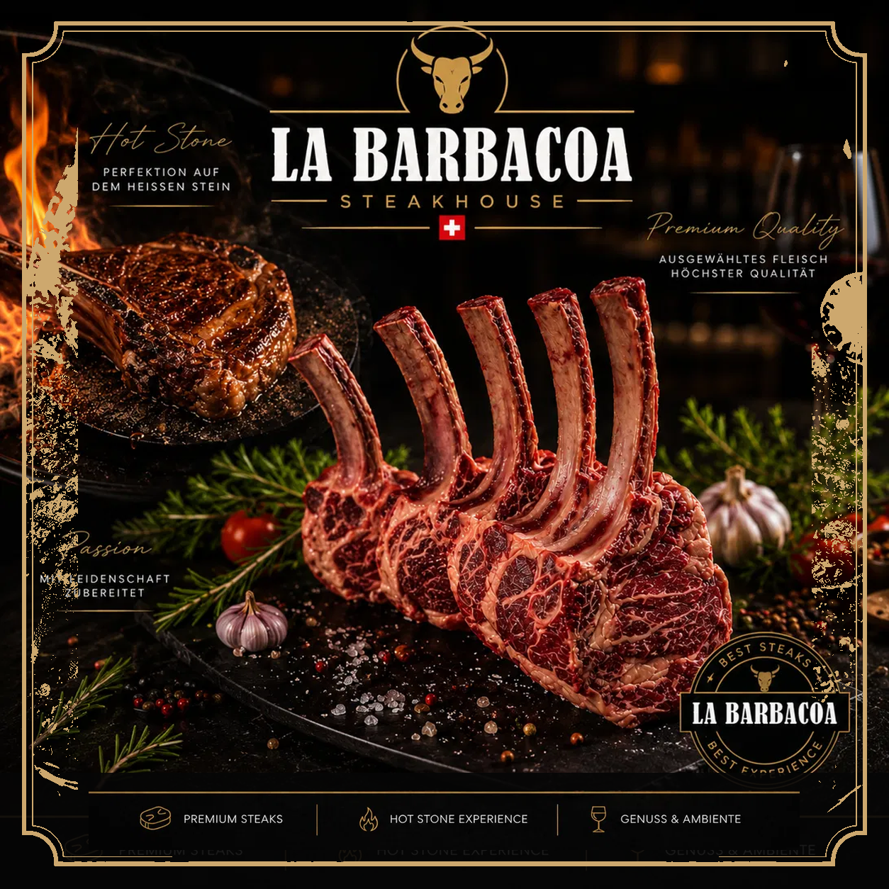 Tomahawk-Steak Rack auf heissem Stein zubereitet, La Barbacoa Steakhouse Schönenwerd, Schweizer Premium-Fleischqualität